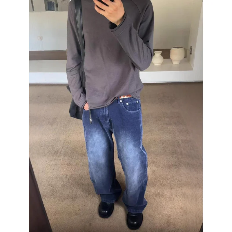 

EME Autumn American Retro Style Blue Washed Straight Wide-Leg Stacked Niche High-End Corduroy Casual Pants