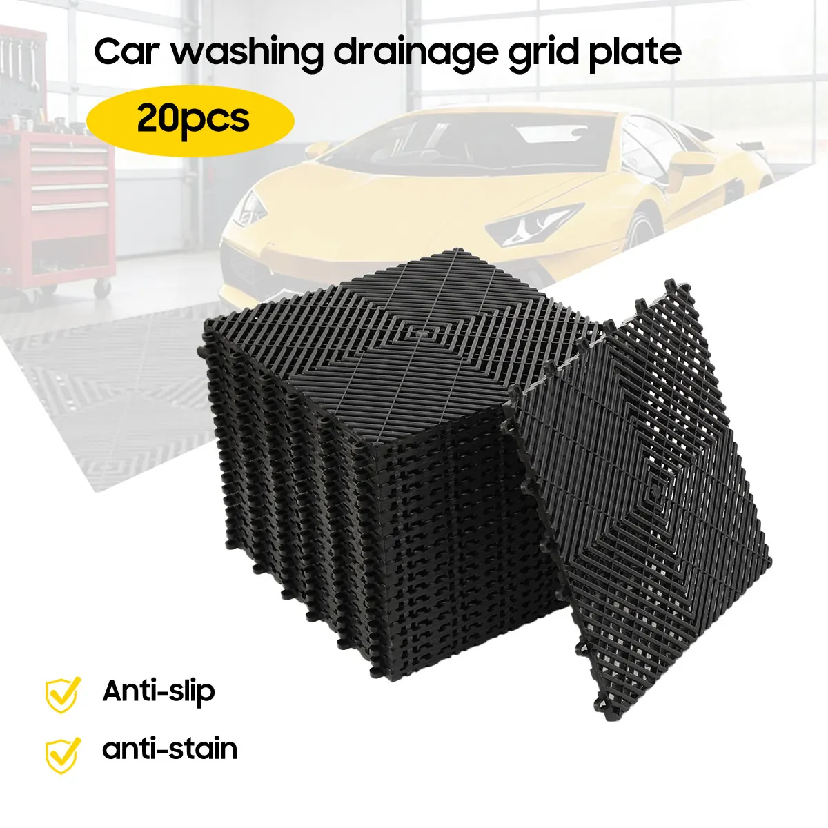 Ablaufgitter für Autowaschanlagen, Parkplätze, Innenhöfe, Autowerkstätten, Garagen, schwarz, 40 cm x 40 cm, Bodenfliese für den Innenbereich