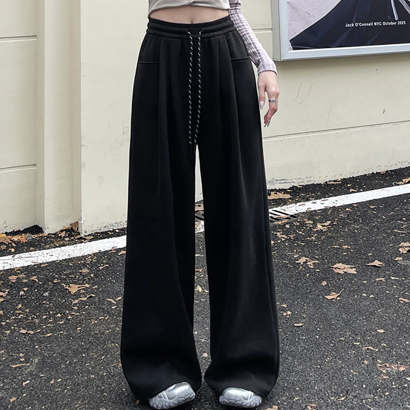 Pantaloni da pavimento in tinta unita moda donna Pantaloni larghi versatili con coulisse Pantaloni a gamba larga stile americano Pantaloni dritti Hip Hop Mujer