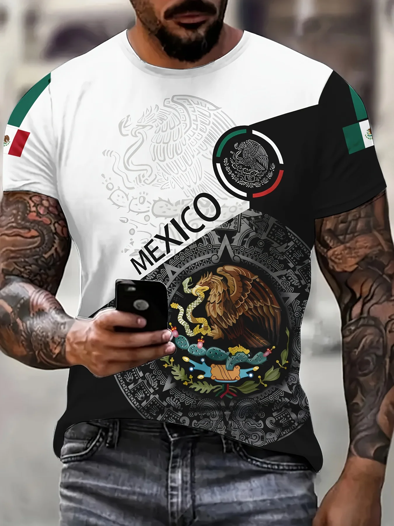 

MEXICO Letter Animal Graphic 3D Print Men's Crew Neck Short Sleeve Tees,Summer Trendy