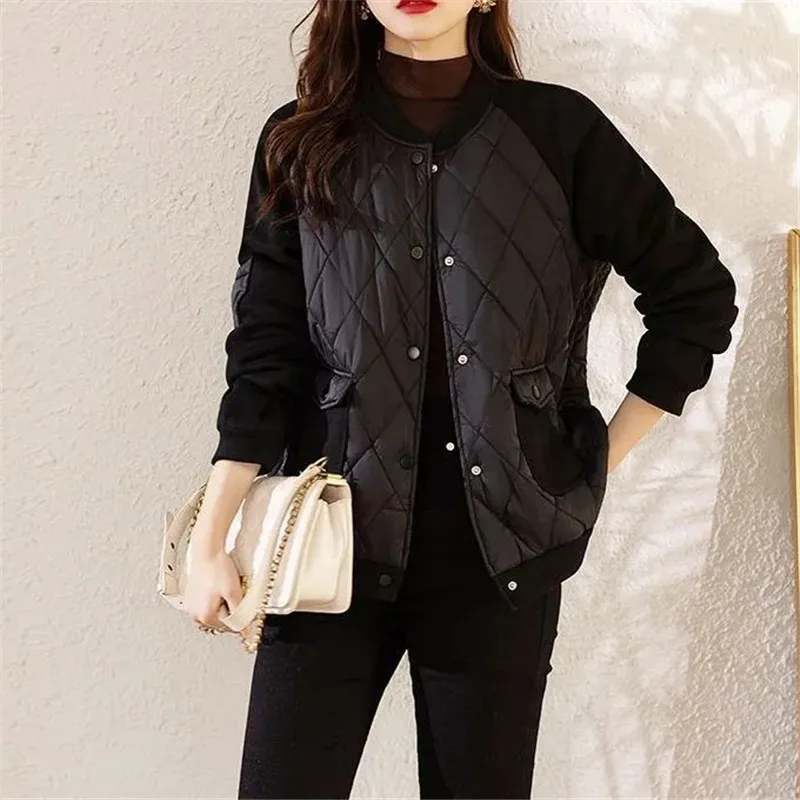 Lightweight Lingge Fashion Cotton Coat Women Spring Autumn Winter Jacket Splicing Casual Loose Versatile Ladies Outerwear