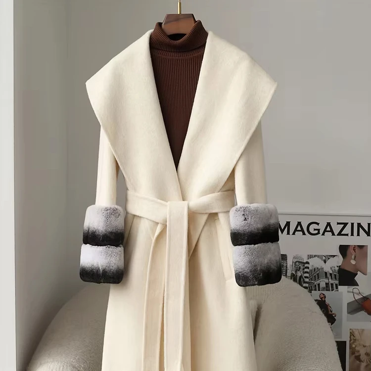 

Women's Casual Winter Wool Trench Coat with Natural Fur and Cashmere Long Outwear with Polyester Lining