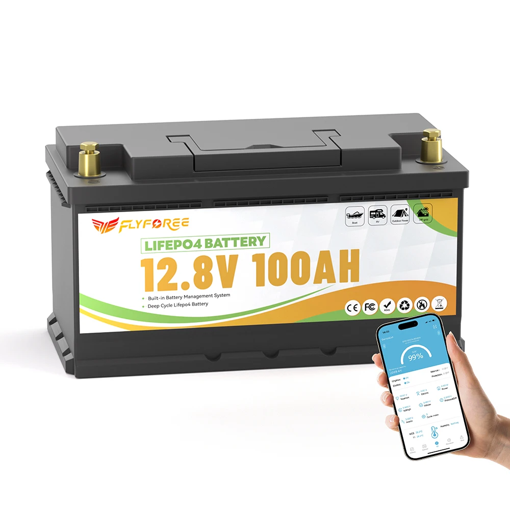 Duitsland Voorraad FLLYROWER 12.8v 100Ah Bluetooth 120Ah 180Ah 300Ah LiFePO4 Batterij Solar Lithium Lifepo4 Batterij - afbeelding 1
