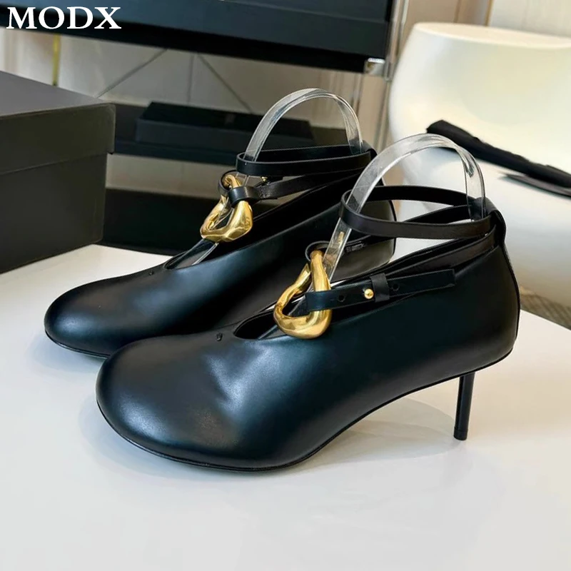 

Niche Design Big Head Single Shoe Simple Metal Buckle Decor Genuine Cowhide Ballet Shoe Female 2024 New Fashion Retro Strap Pump