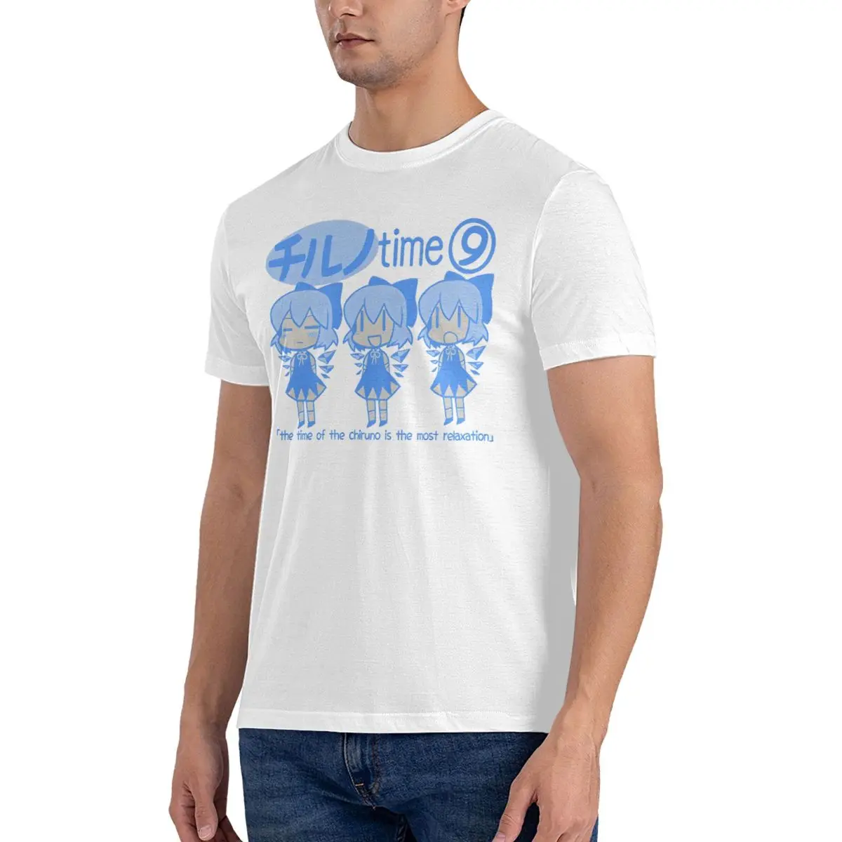 Casual Chill Cirno Time T-Shirt Men Round Collar Pure Cotton T Shirt Touhou Project Short Sleeve Tee Shirt 4XL 5XL 6XL Clothes