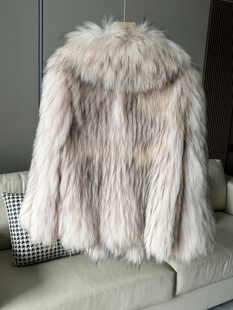 ใหม่ Raccoon Fur ทอเสื้อขนสัตว์ผู้หญิง Ruffle Collar Design