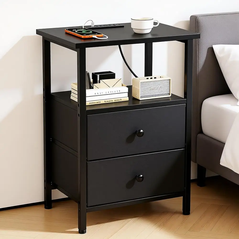 

Nightstand Charging Station, Bed End Table with Fabric Drawers, Bedroom Side Table with USB Ports and Outlets (Black)