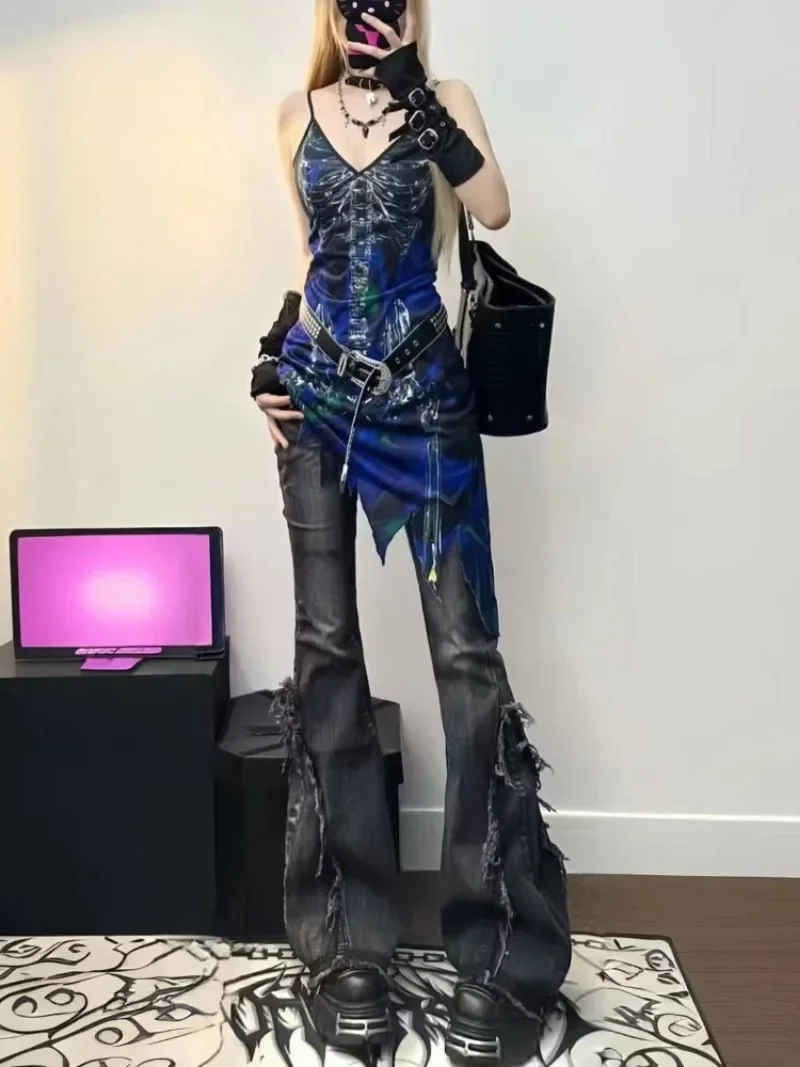 Harajuku Women\'s Black Gothic Baggy Flare Jeans Y2k Aesthetic Denim Trousers Punk Jean Pants Vintage 2000s Trashy Clothes 2024