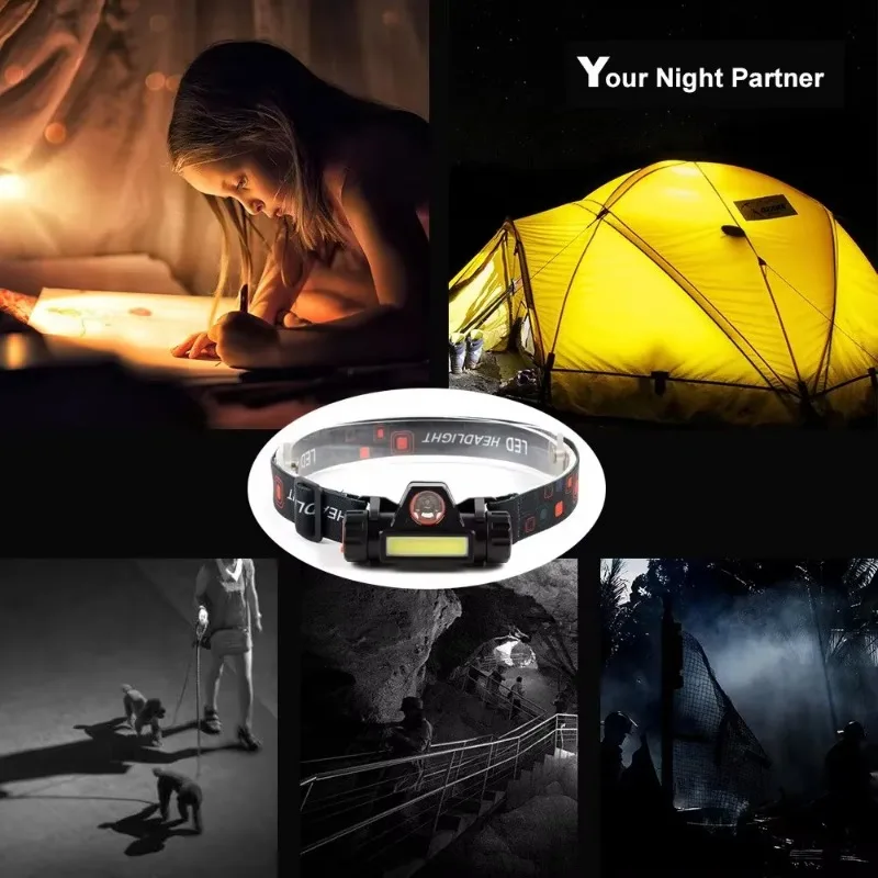 Camping Headlamp Rechargeable Fishing LED Headlamp XPE COB Work Light 2 Light Modes with Removable Tail Magnet Safety Protection