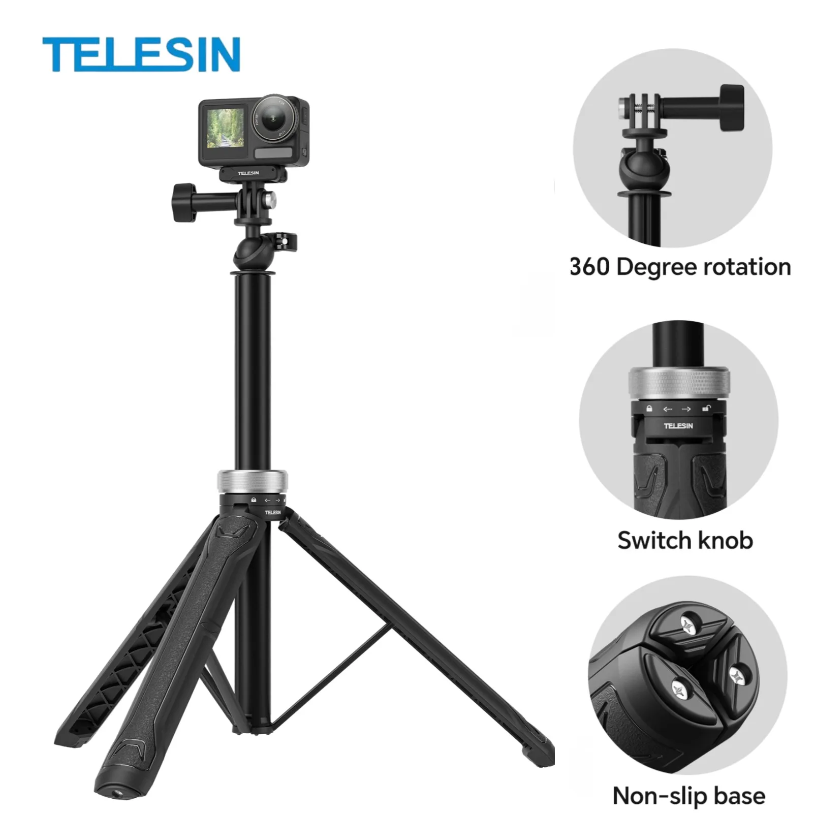 Поворотный штатив TELESIN для селфи-палки для DJI OSMO Action 5 Pro 4 3 Gopro Hero 13 12 11 10 9 8 7 Insta360 X5 X4 Ace Pro 2