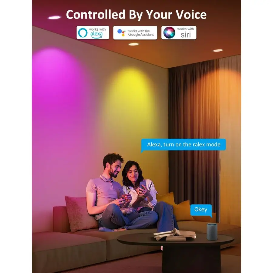 Éclairage encastré intelligent 6 pouces RGB Downlight peut allumer 13W 1100LM 93CRI, WiFi amp Bluetooth plafonnier avec SignalBoosting M