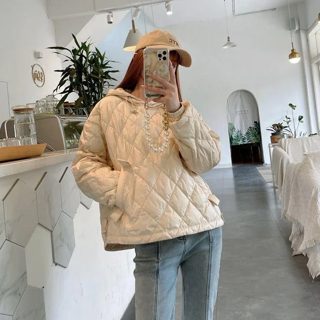 

Легкая женская пуховая куртка-худи свободного кроя, повседневная, модная, с ромбовидным узором, теплая, с длинными рукавами, прямая поставка