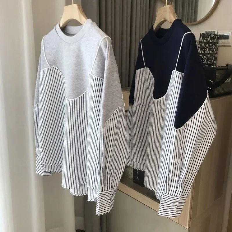 Kadın Kore Gevşek Iki Parçalı Set Çizgili Tişörtü İlkbahar Sonbahar Yeni İşe Gidip Moda Uzun Kollu Patchwork Kadın için Tops