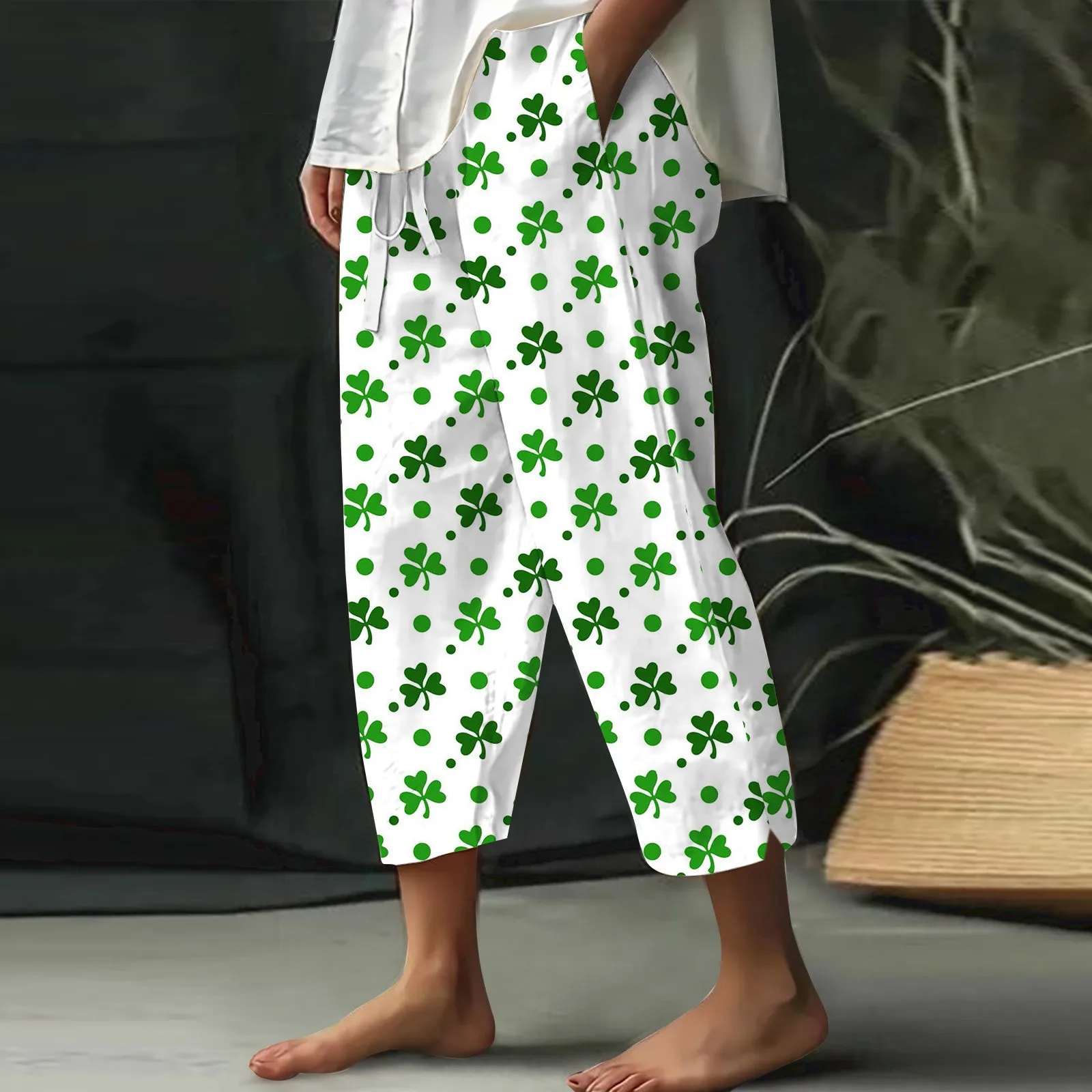 

St. Patrick'S Printed Sweatpants Women'S Wide Leg Pants High Waist Casual Lace-Up Elastic Waist Loose Casual Pants Cropped Pants