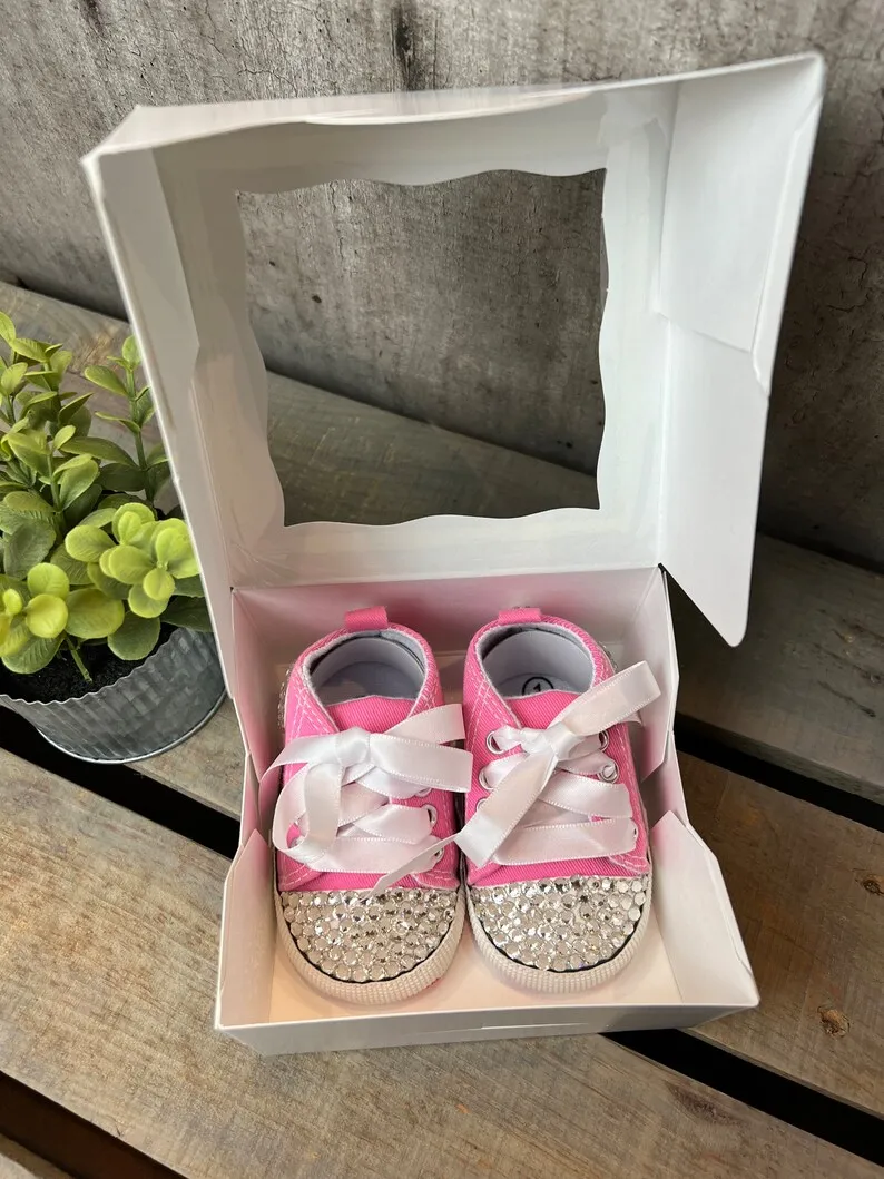 Girl Canvas Sneakers Newborn Baby Boy Rhinestone Espadrilles Personalized Name Date Infant Crib Shoes and Pacifier Set