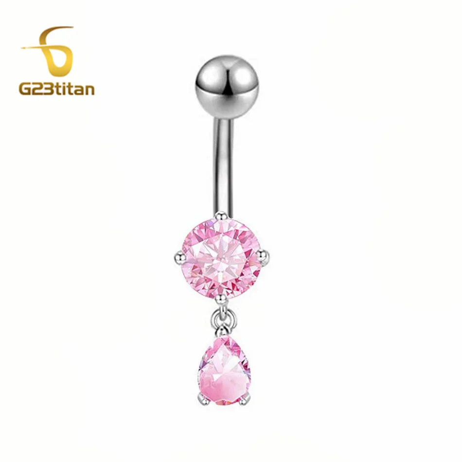 Piercing de nombril rond en titane ou acier, hypoallergénique chirurgical, bijoux pour hommes et femmes, anneaux de nombril en Zircon rose 14G