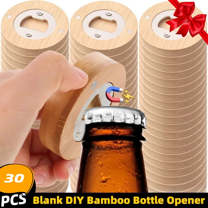 30 Stück Bambus-Flaschenöffner für Kühlschrank, Handgefertigte DIY Magnetische Blanko-Flaschenöffner, Kühlschrankmagnete, Hochzeits-Gastgeschenke
