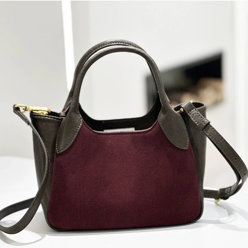 2026 New Suede Genuine Leather Tote Bag Small Cow Leather Handbag Women Patchwork Laides Shoulder or Crossbody Bags