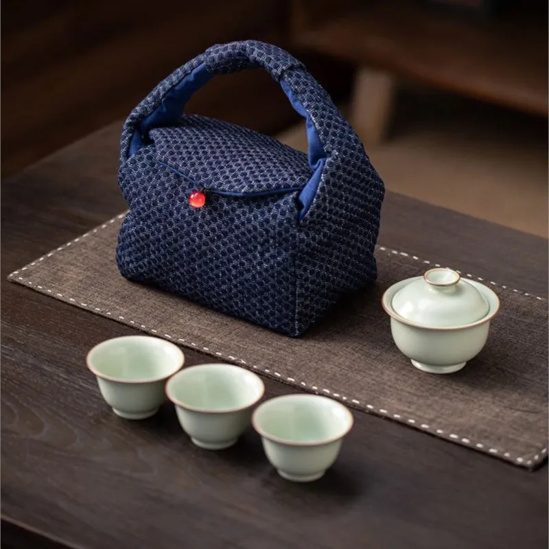 Deep Blue Circular Pattern Tea Storage Bag Purple Clay Ceramic Cup Master Cup Tea Pot Hand-held Tea Ceremony Storage Bag ZI527