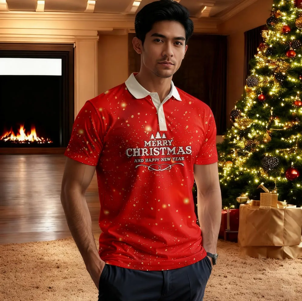 

2026 New Christmas themed Printed Design Polo Shirt For Collar Button Up Shirt For Adults Children, Full Sublimated POLO