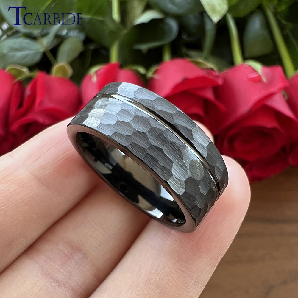 8MM Tungsten Hammer Ring Grooved Faceted Brushed Cool Wedding Band Jewelry For Women Men Free Shipping