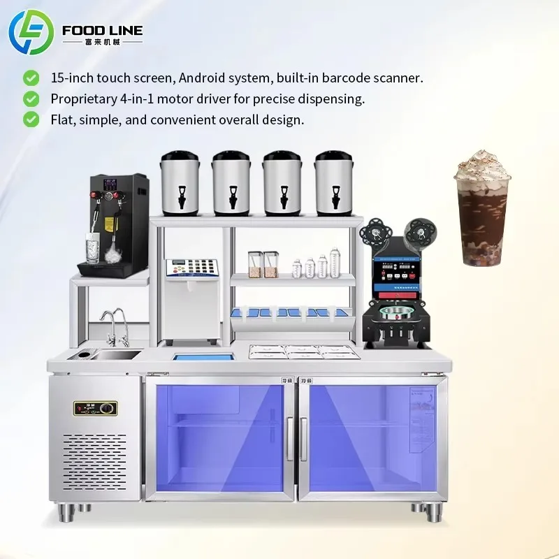 Customized Commercial Full Automatic Beverage Making Machine Milk Tea Making Machine with Under Counter Fridge Storage Cabinet