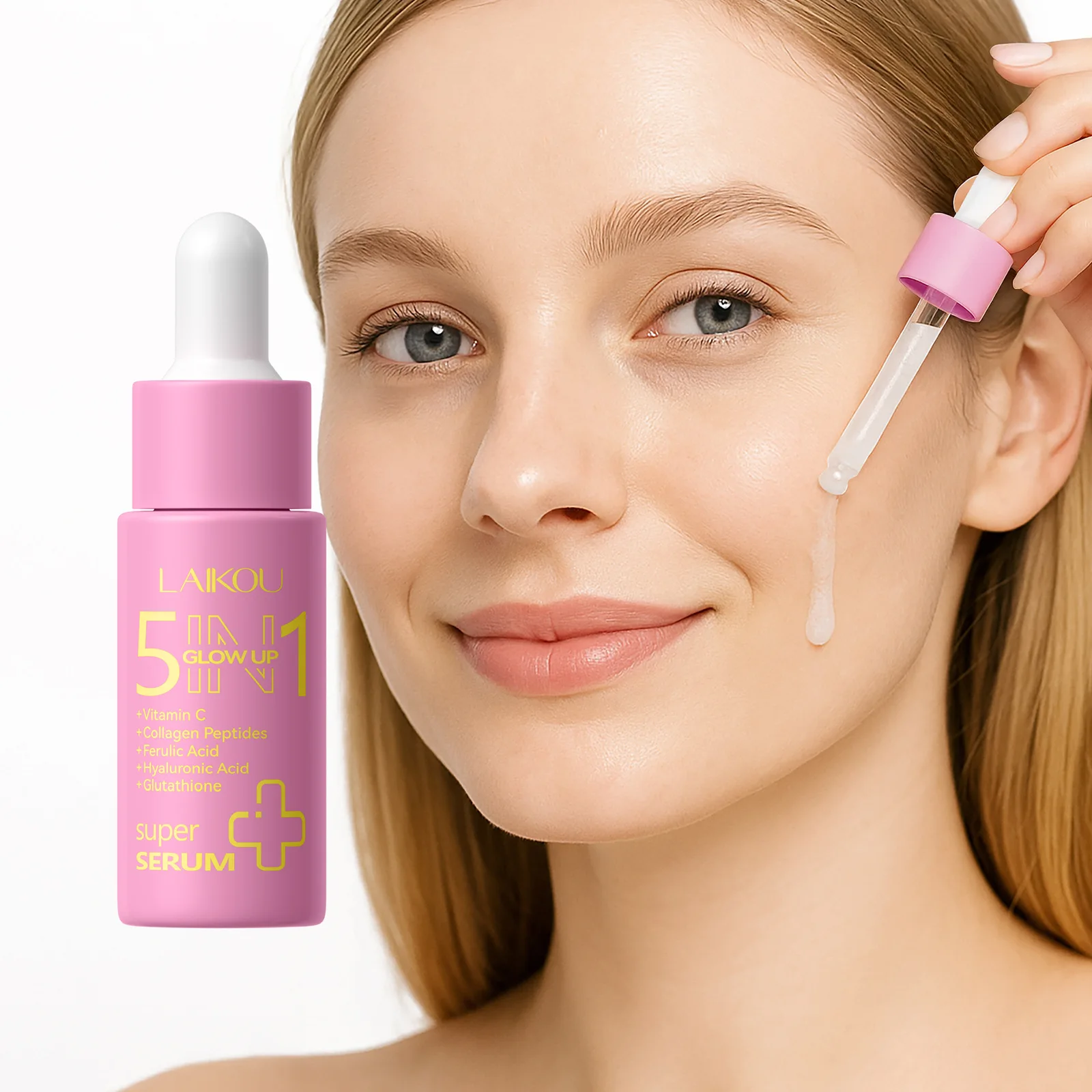 LAIKOU 17ml Multi Peptide FaceEssence, 5 in 1 Vitamin C Glutathione Ferulic Acid Hyaluronic Acid , Hydrating Firming Skin Care