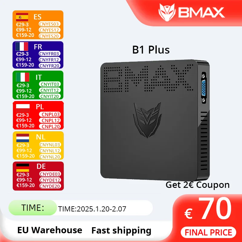 BMAX-Mini ordenador B1 Plus, procesador PC Intel Apollo Lake N3350, Windows 10, 4K, 6GB, 64GB, BT4.0, 1000M, CA, Wifi