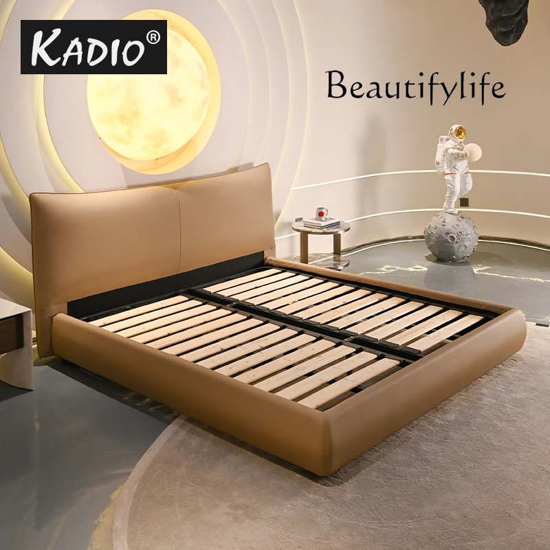 Italian minimalist/imported first-layer cowhide/master bedroom Chanel suspended soft leather double bed