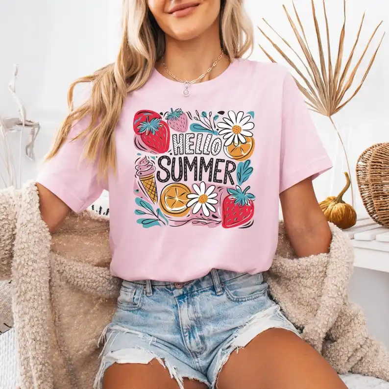 

Летняя уличная одежда в стиле Харадзюку с короткими рукавами и круглым вырезом, уникальная рубашка с принтом в стиле ретро, Hello Beach Vibes, повседневные эстетические топы нового стиля