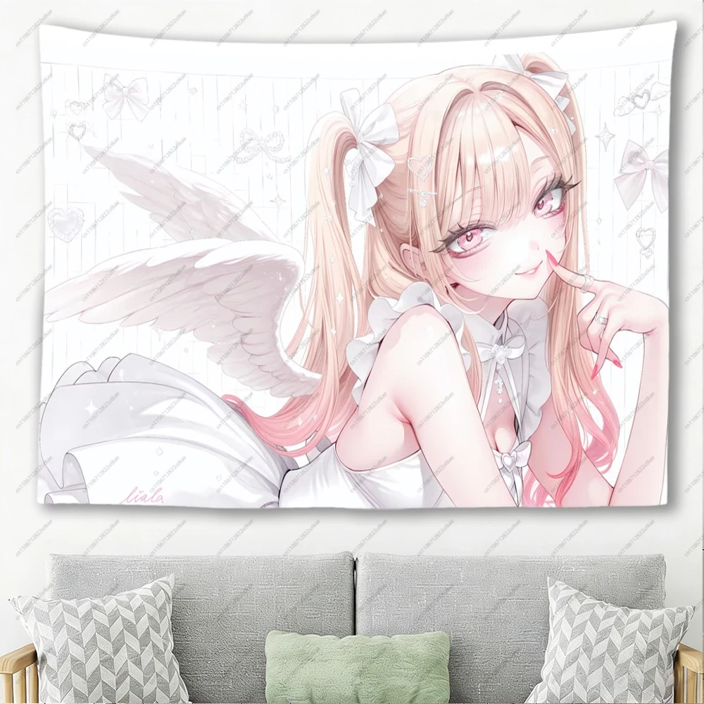 Soft Pastel White Wing Angel Girl With Big White Bows Print Tapestry Cute Y2K Anime Dorm Wall Decor
