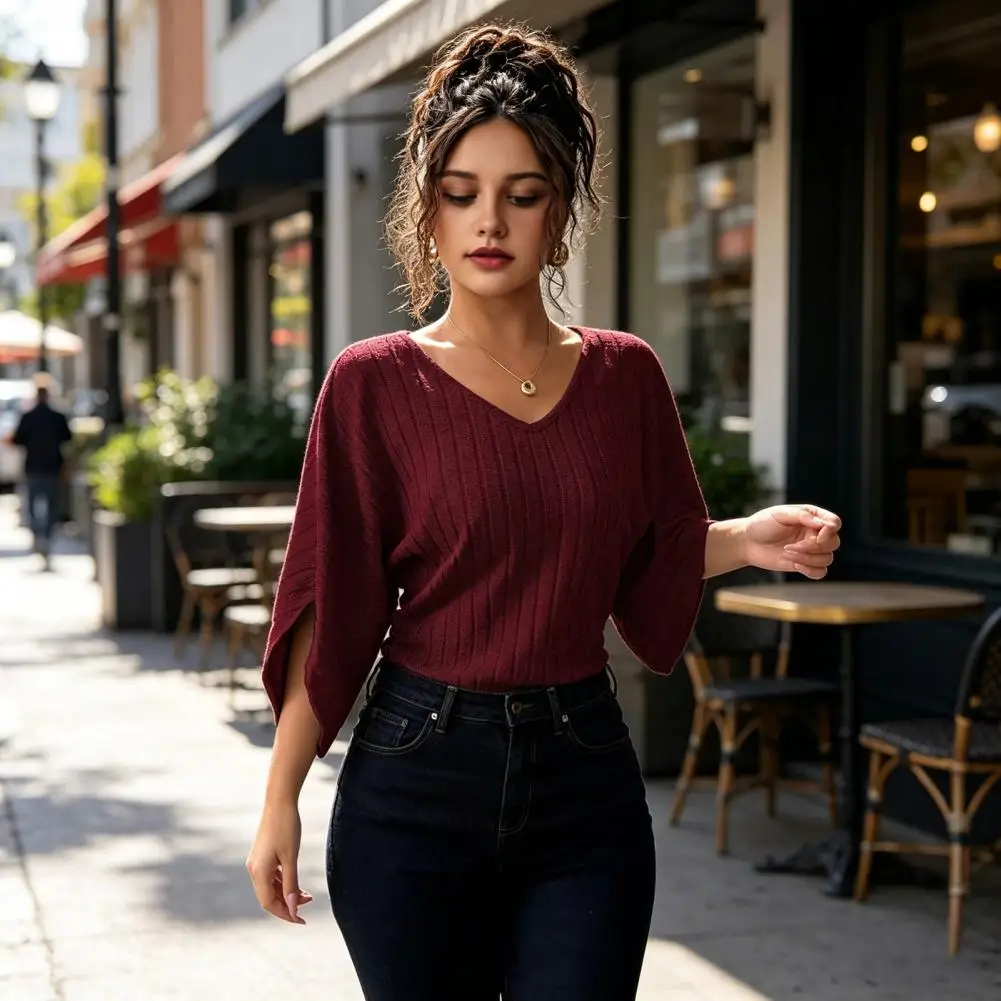 

Fashionable Burgundy Blouse Women Loose Bat Sleeve Tops Women’s V Neck Knitted Pullover Tops Vertical Striped Slim Fit Blouses