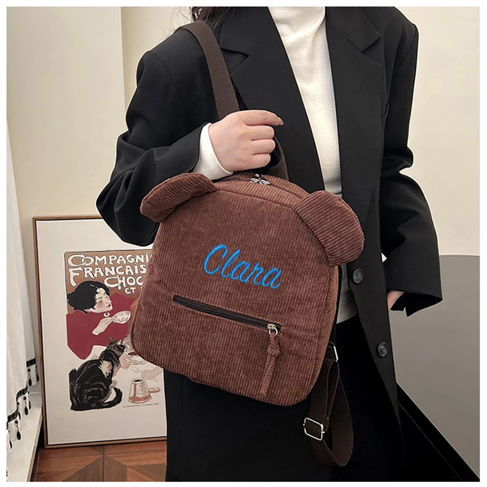 Customized Name For Children's Teddy Bear Backpack, Corduroy Travel Backpack, Personalized Cute Solid Color Backpack