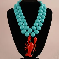 Blue Big Ball Bead Chain Cute Red Lobster Pendant Necklace for Women Vintage Chunky Clavicle Chain Jewelry Punk Streetwear Bijou