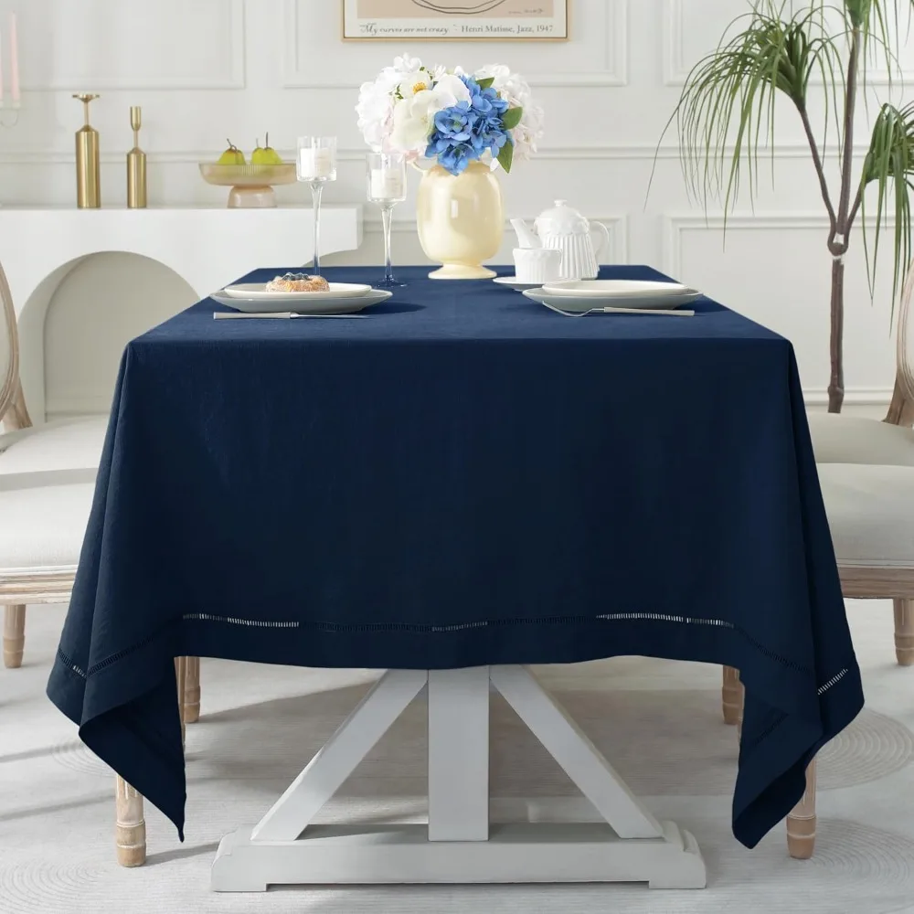 Navy French Linen Tablecloth 120x60 Hemstitch Washable Rectangular for Dining Weddings