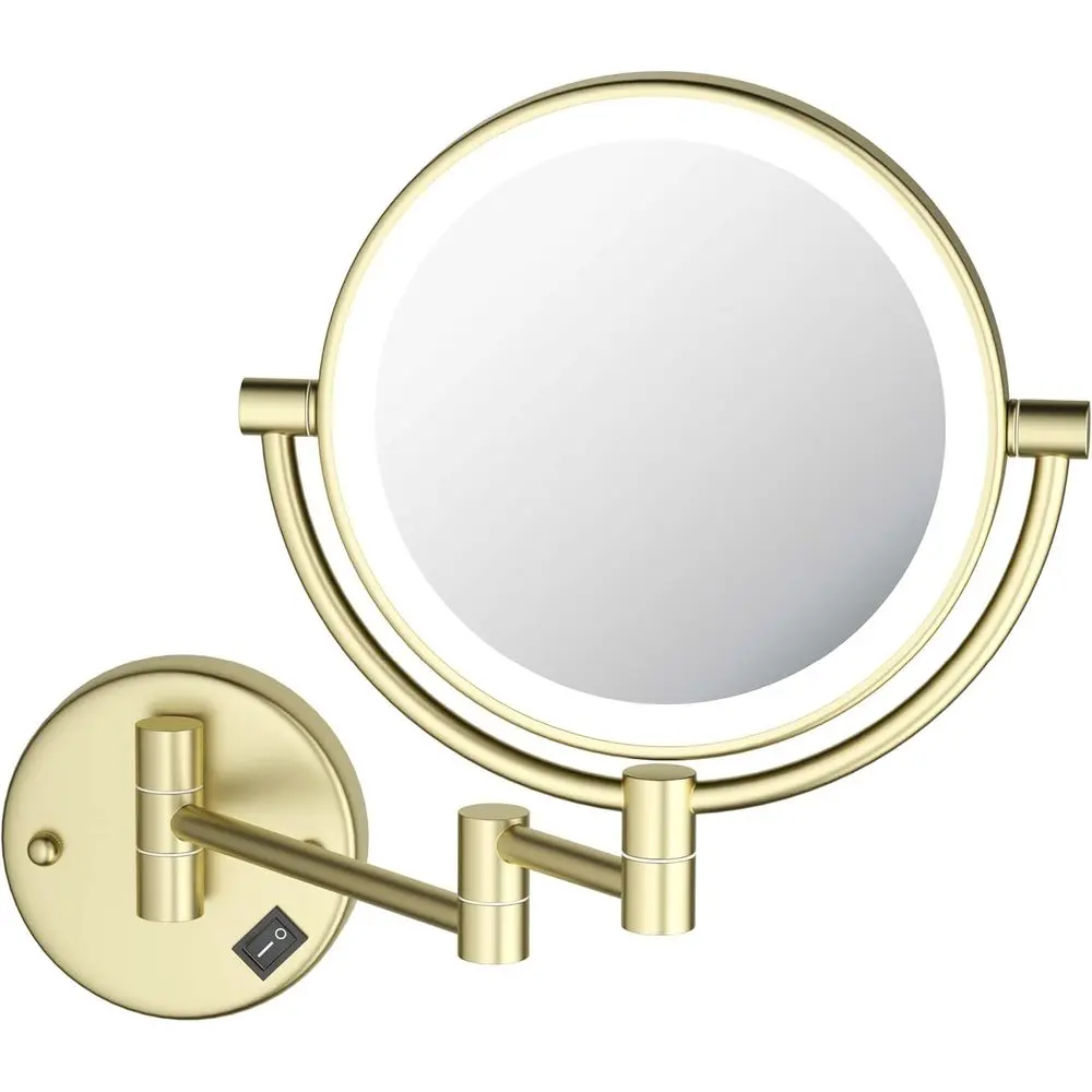 Circular LED Wall Mount Makeup Mirror, Dual-Sided Magnifying Mirror with Adjustable Arm, 360° Swivel, Solid Brass Construction f