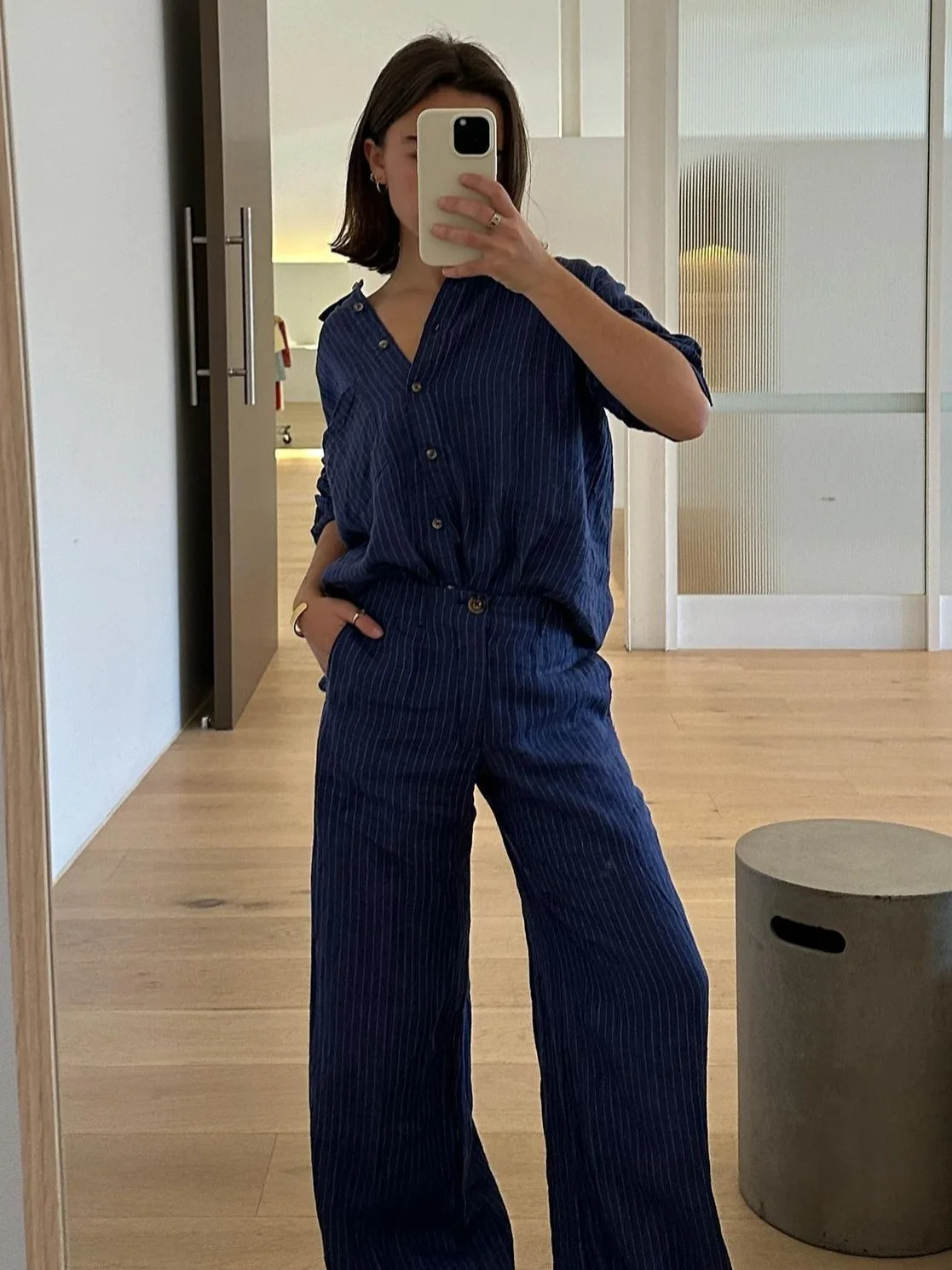 

Navy Striped Wide Leg Pants Sets Women Button-up Long Sleeve Pocket Cardigan+Trouser Suit Vintage Fashion Casual 2 Piece Set New