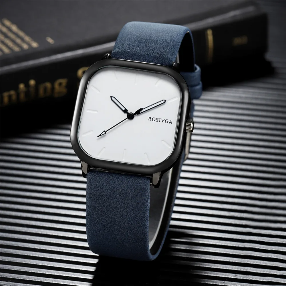 simple square dial PU leather quartz men business watch