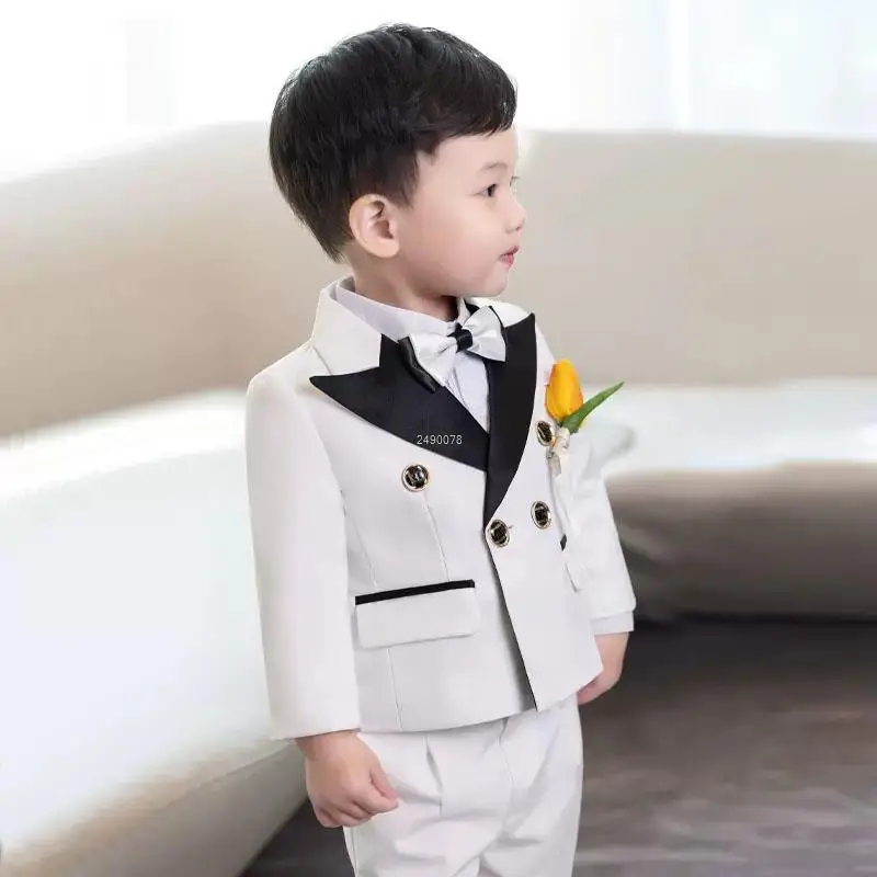 Children White Wedding Suit Prince Kids Jacket Pants Photograph Suit Flower Boys Tuxedo Dress Baby 1 Year Birthday Dress Costume