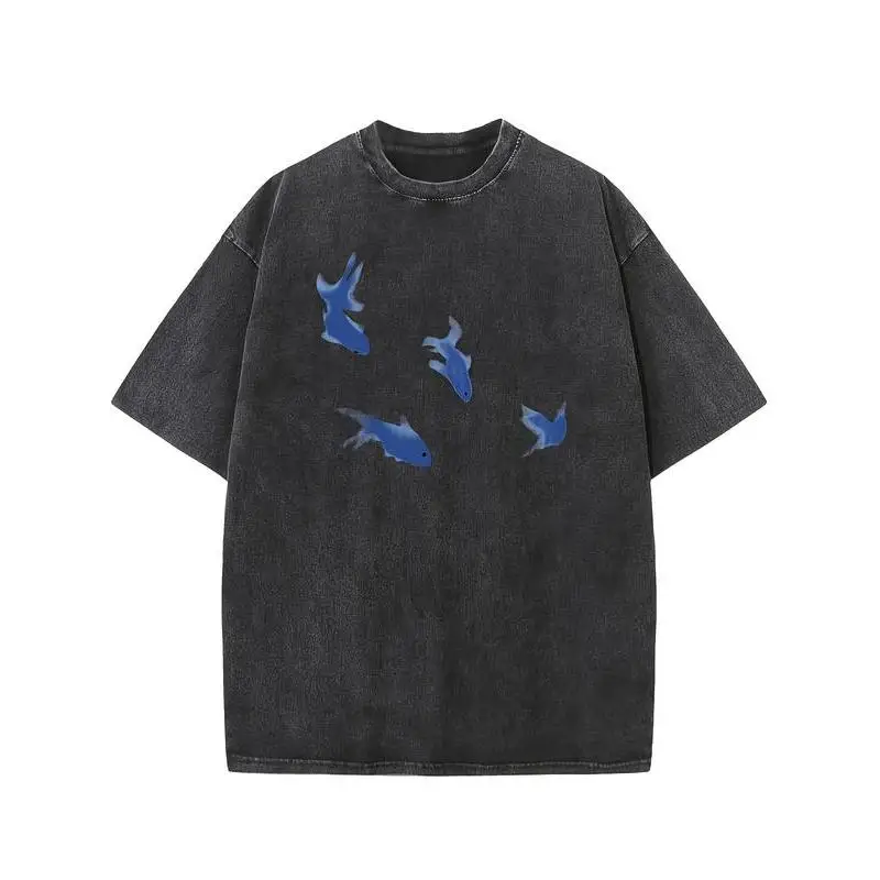 

Unisex Abstract Blue Fish Graphic Tee, Vintage Washed Oversized Cotton T-shirt, Y2K Grunge Streetwear Tops for Men Women