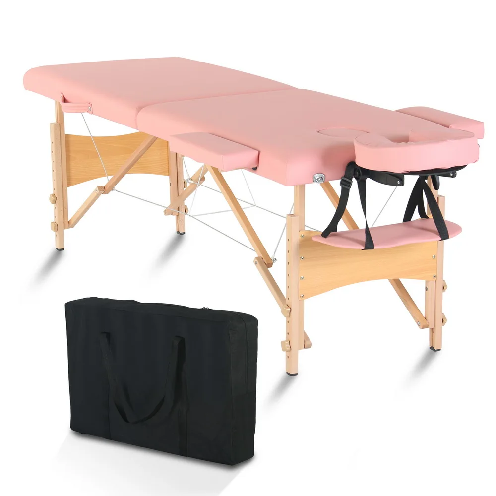 Mesa de masaje de belleza, cama de 2 secciones, pierna de haya plegable, 186x60x60CM, altura ajustable, versátil, portátil, rosa/blanco [US-Stock]