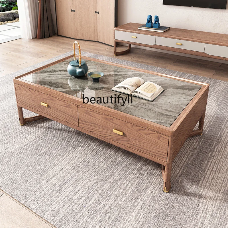 New Chinese ash wood solid wood coffee table TV cabinet combination living room size apartment Nordic, rock slab tea table