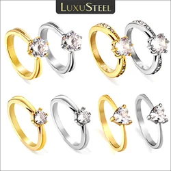 LUXUSTEEL Elegant AAA Crystal Cubic Zircon Rings For Women Stainless Steel 6 Claw Rhinestones Bridal Wedding Engagement Ring