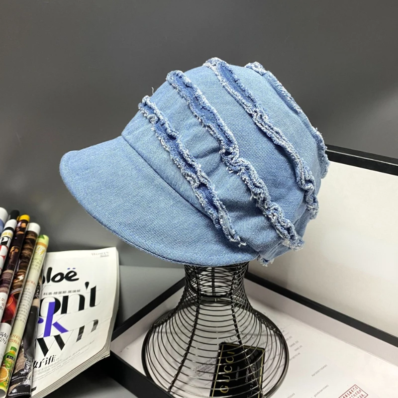 2023 new washed denim cap female fashion casual splicing furred edge personality cap retro literary newsboy cap