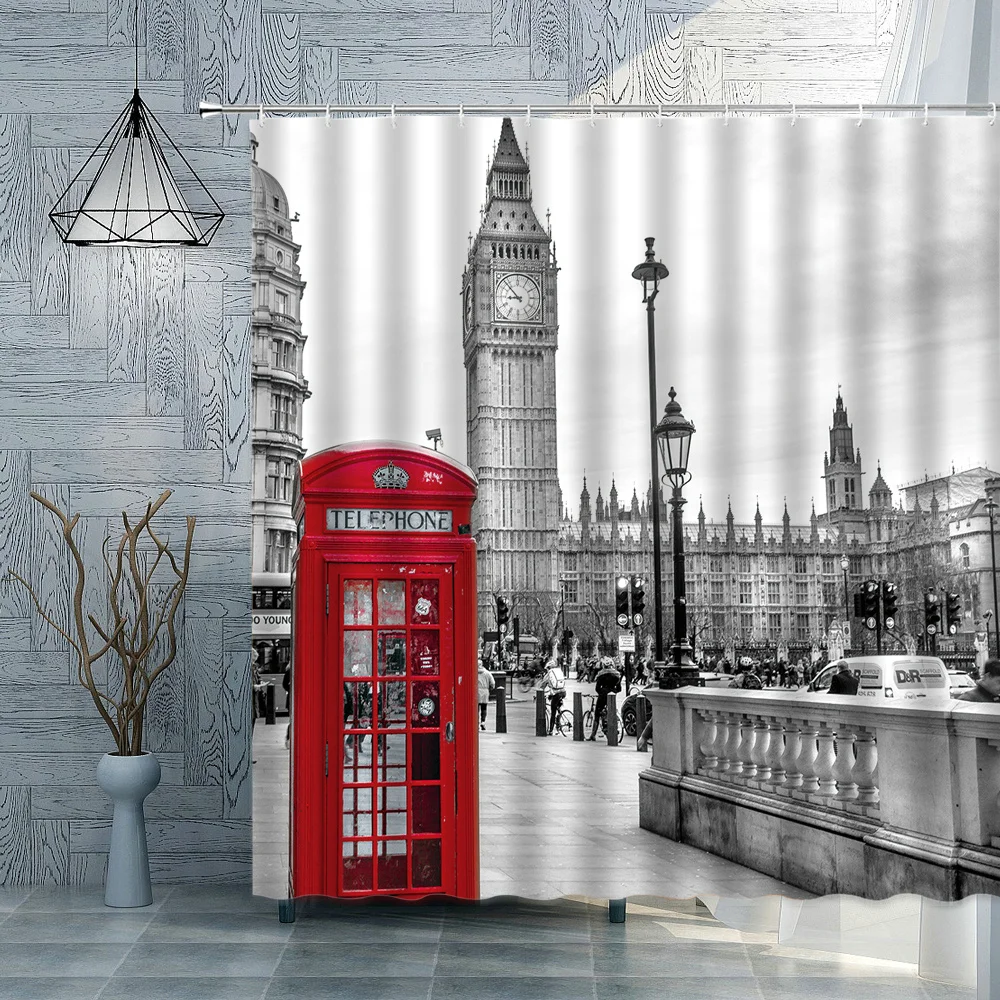 

London Big Ben Red Telephone Booth Retro Bathroom Shower Curtain Waterproof Polyester Fabric Home Decoration Art Bath Curtains