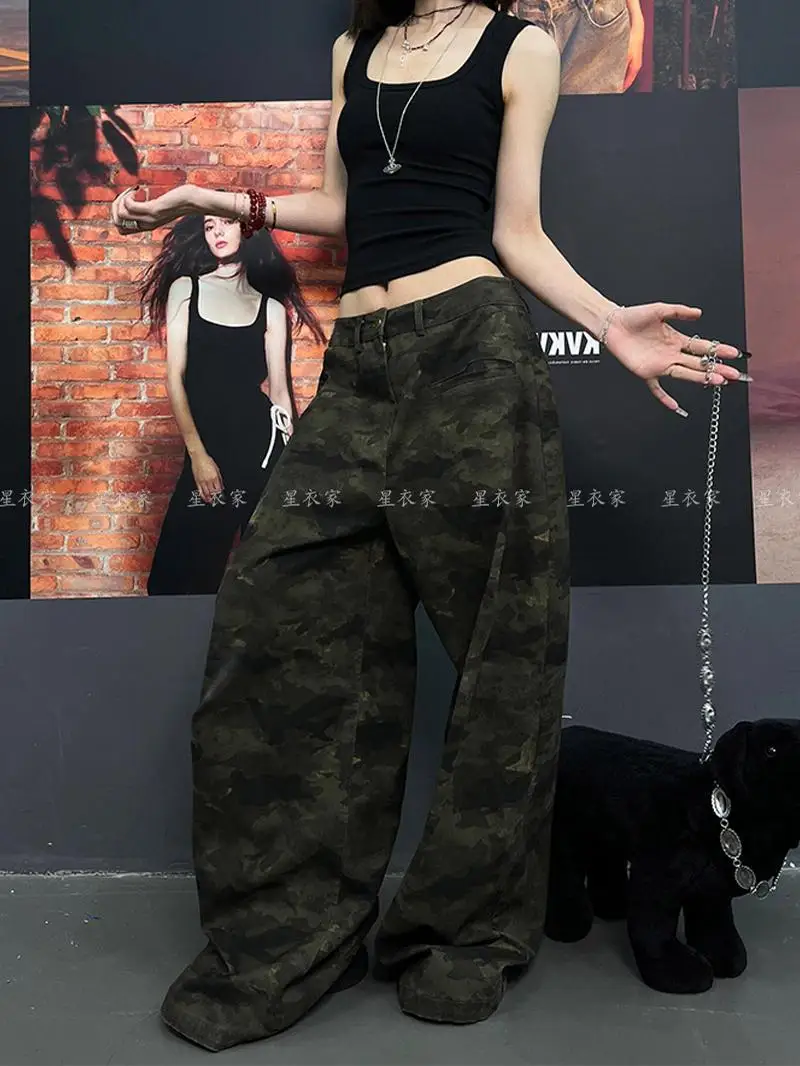 

Military Green Womens Jeans High Waist Vintage Straight Baggy Y2K Denim Pants Hip Hop American Fashion Wide Leg Denim Trouser