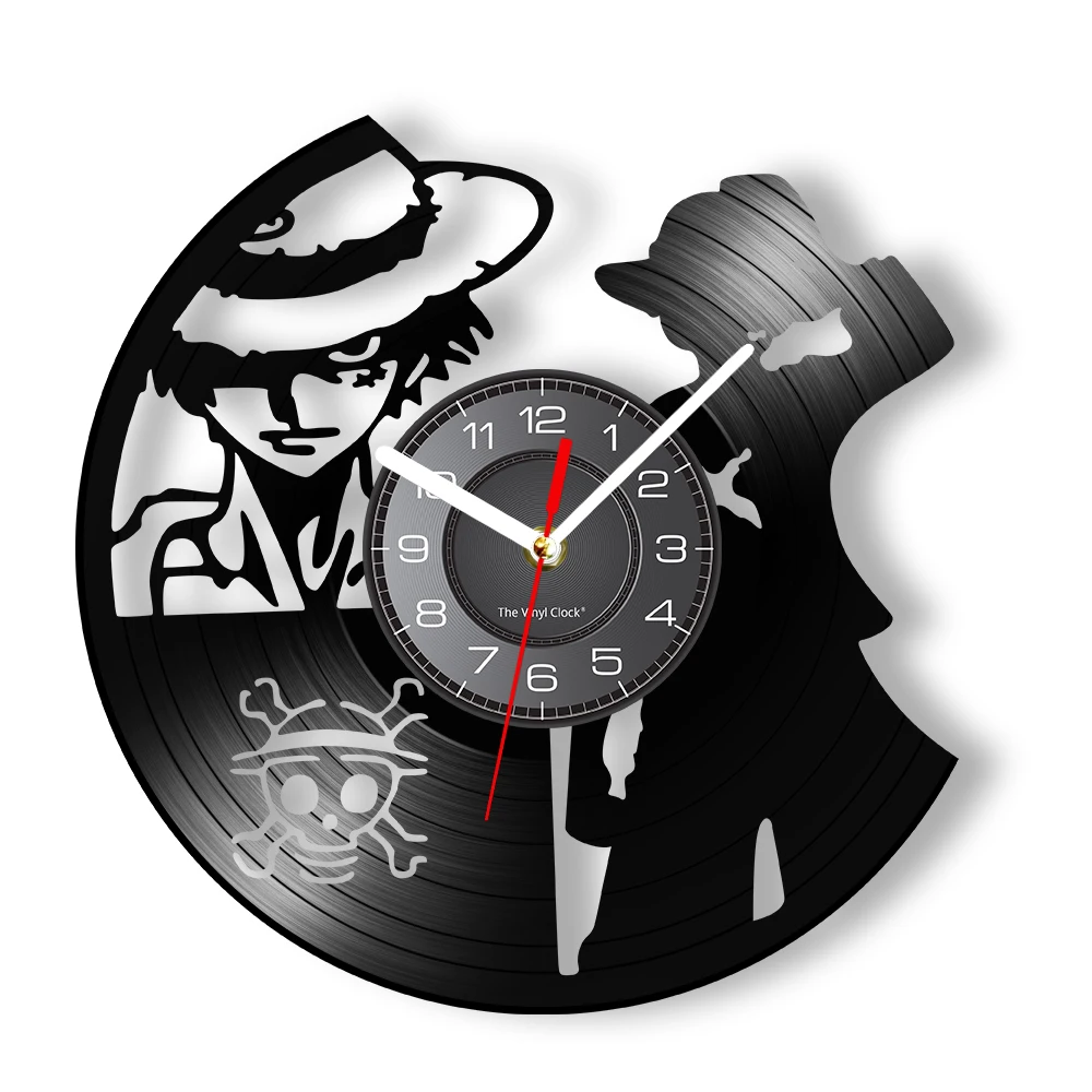 Captain Luffy Cartoon Vinyl Record Wall Clock Straw Hat Straw Hat Pirate Silent Retro Music Album Wall Art Decorative Wall Watch