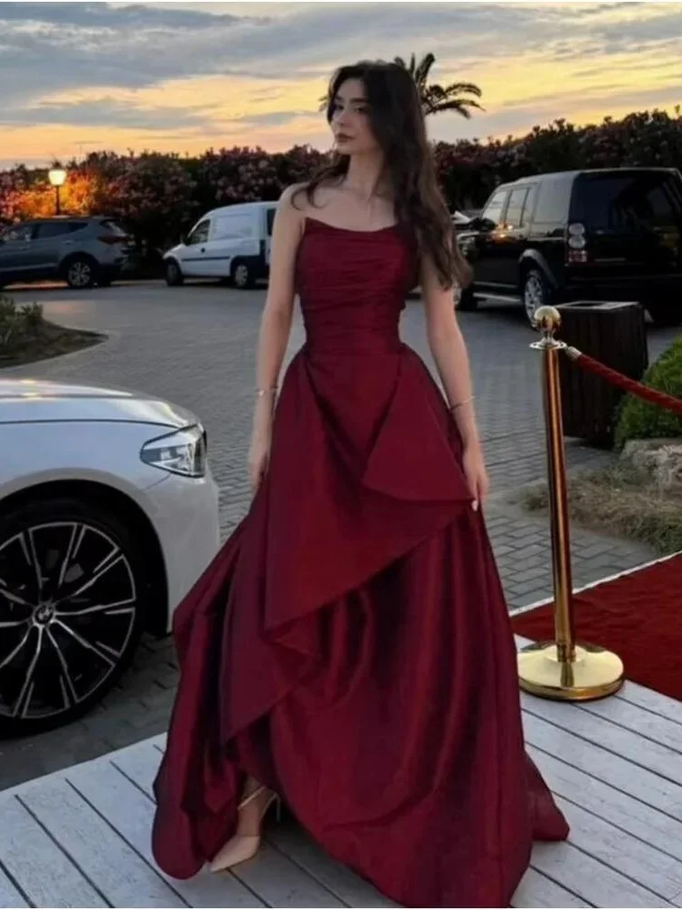 Customized  High Quality Red Dresses Sleeveless Small Fork Strapless Платье На Выпускной Платье Вечернее Floor-length Wrinkle