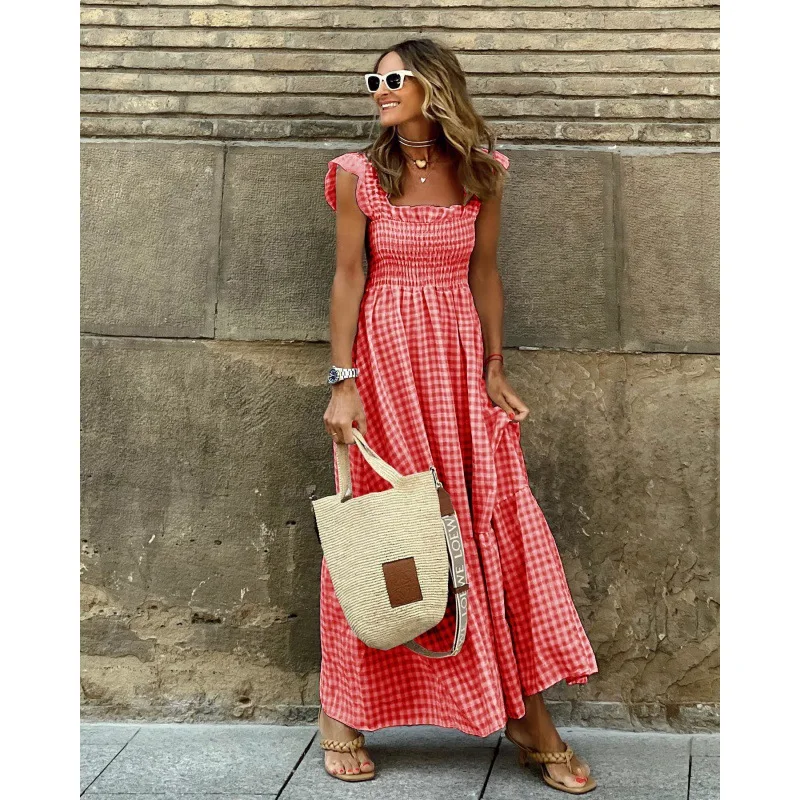 

Plaid Women's Long Skirt Square Collar Pleated High Waist Slimming Fashion Street Vacation Date Simple Vest Dress
