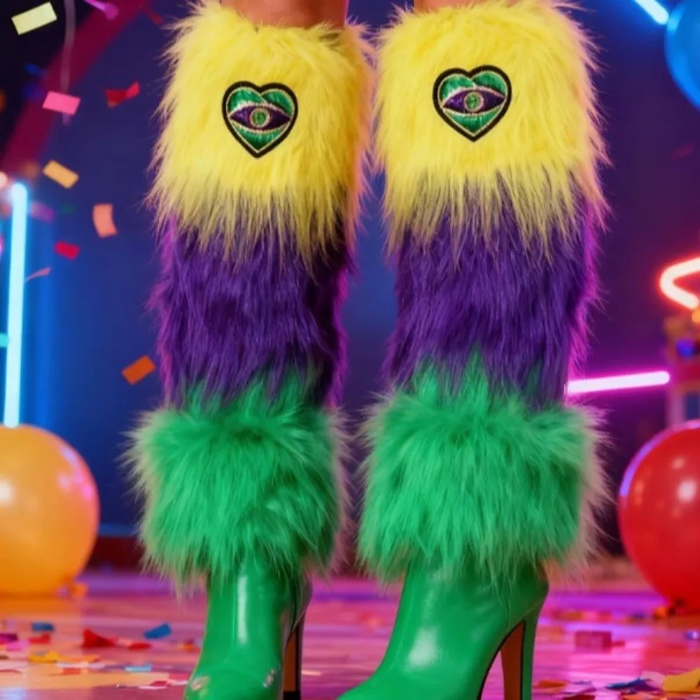 1 Pair Faux Fur Furry Leg Warmers Yellow Green Purple 45cm Carnival Brazilian Boots Cover Mardi Gras Sequin